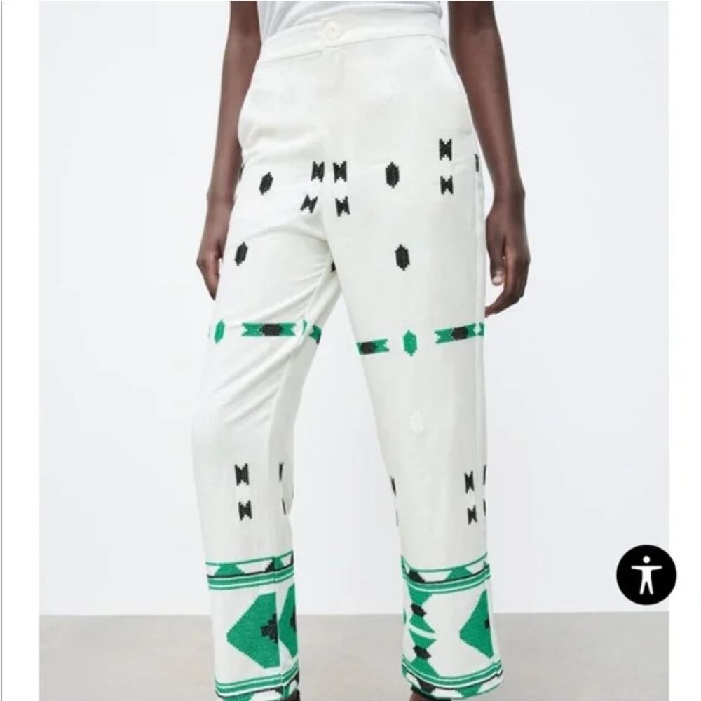 Zara White & Green Geometric Embroidered Linen Pants Small Coastal Bohemian